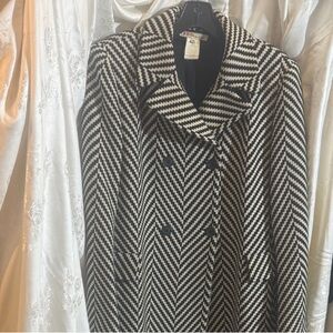 KORS Michael Kors Black and White Houndstooth, Wool, Double Breasted Coat